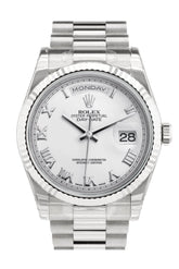 Rolex Day-Date 36 White Roman Dial Fluted Bezel President Gold Watch 118239